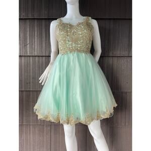 🔥Let’s Aqua Mesh Illusion Neck Gold Lace Appliqué Tulle Party Babydoll Dress